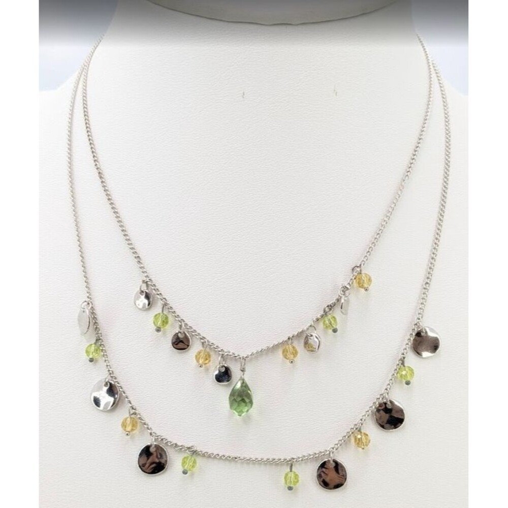 Lia Sophia Necklace 2 Strand Silver Tone Green Yellow Dangle Charms Curb 19 in